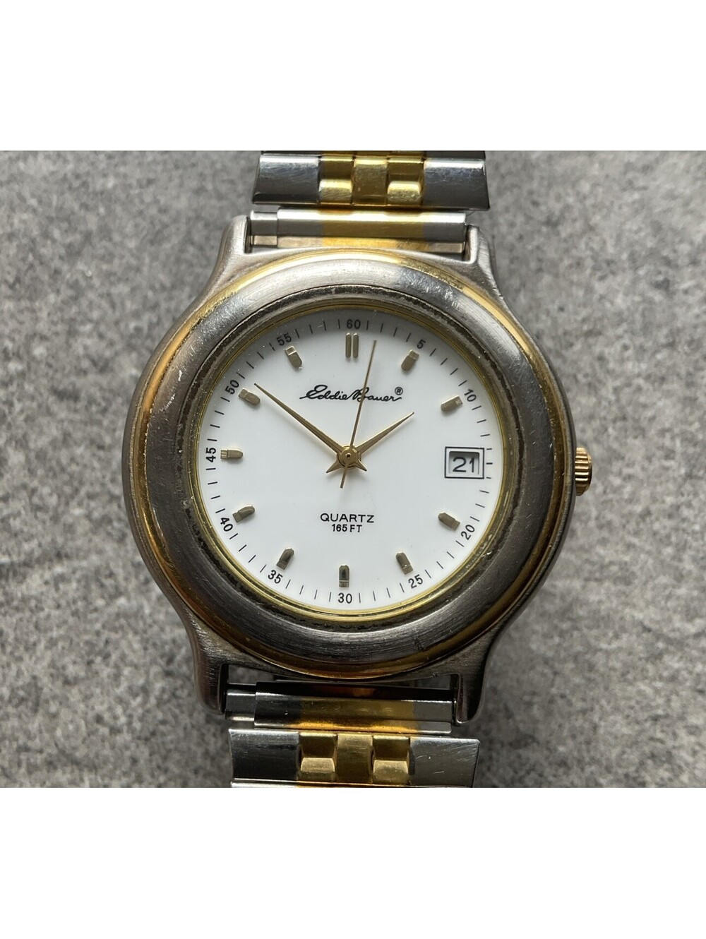 Vintage Eddie Bauer Men’s Watch 37mm Two Tone Case And Band White Dial W/Date BN